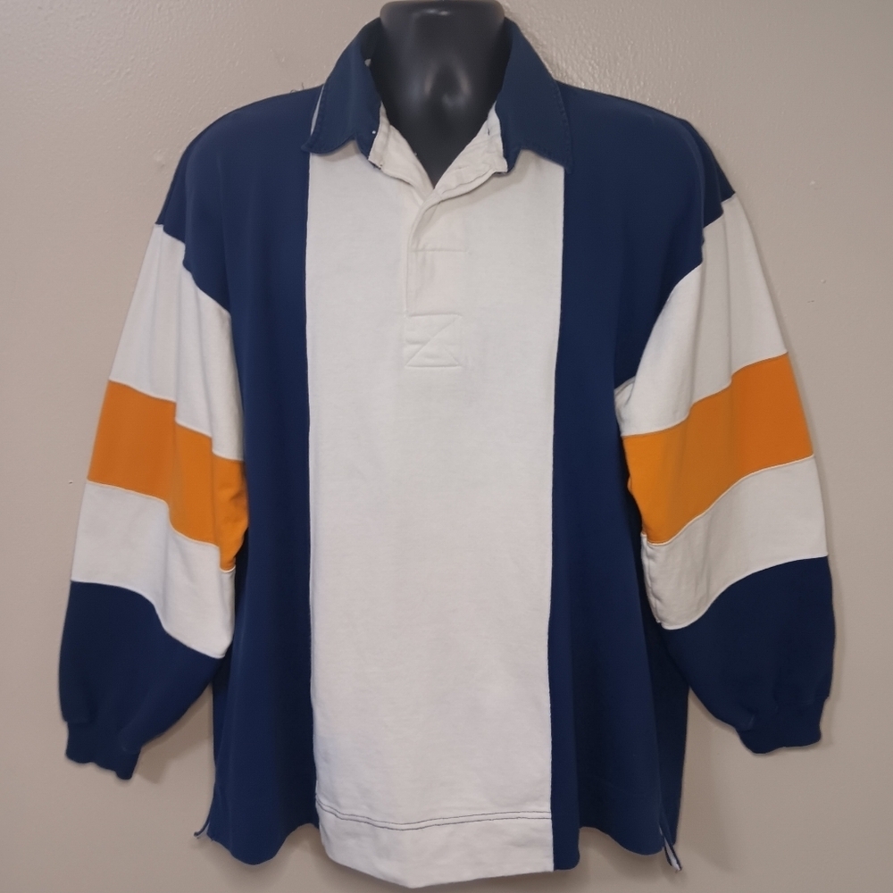 Vintage 90s Halifax Men's Large Rugby Shirt Colorblock Long Sleeve Cotton Polo